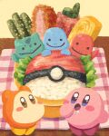  asparagus bacon bento blue_eyes brown_eyes bulbasaur charmander closed_mouth crossover ditto food highres katsu_(food) kirby kirby_(series) looking_at_viewer miclot nori_(seaweed) omelet open_mouth poke_ball_print pokemon rice saliva smile sparkling_eyes squirtle tamagoyaki towel transformed_ditto 
