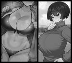  1girl 3: bikini bikini_under_clothes blush breasts cleavage closed_mouth collarbone cowboy_shot dutch_angle hug jacket jorin long_sleeves multiple_views navel one-piece_tan open_clothes open_jacket outdoors short_hair steaming_body sweat swimsuit tan tanlines thigh_gap track_jacket undressing 