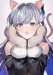  1girl absurdres animal_ears animal_hands bare_shoulders black_sleeves blue_eyes blush cat_ears cat_paws cat_tail character_request detached_sleeves fang feathers gradient_hair grey_hair highres irikawa long_sleeves looking_at_viewer multicolored_hair open_mouth purple_hair solo tail 