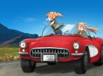  2girls annin_musou blue_jacket brooklyn_(kancolle) bubble_blowing car chewing_gum commentary_request flower green_shirt hair_flower hair_ornament honolulu_(kancolle) jacket kantai_collection left-hand_drive motion_blur motor_vehicle mountain multiple_girls out-of-frame_censoring shirt vehicle_request 