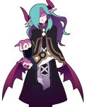  1boy aqua_hair bat_wings beckoning black_capelet black_coat black_necktie black_pants capelet christo_(disgaea) coat colored_eyelashes cowboy_shot disgaea glasses hair_over_one_eye head_tilt horns leasaaan long_hair long_sleeves looking_at_viewer low_wings makai_senki_disgaea_5 male_focus necktie open_clothes open_coat outline pants parted_lips pink_eyes pointy_ears ringed_eyes shaded_face shirt sleeveless_coat solo standing transparent_background untucked_shirt white_outline white_shirt wings 