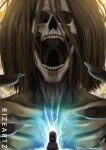  2girls aura fingernails founding_titan hairband long_hair monster multiple_girls open_mouth ribs rizeartz sharp_fingernails shingeki_no_kyojin size_difference skull titan_(shingeki_no_kyojin) upper_body vertical_eye_lines ymir_fritz 