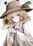  1girl absurdres blonde_hair blush brown_headwear closed_mouth commentary flower frog gradient_background highres holding holding_flower long_sleeves looking_at_viewer medium_hair moriya_suwako ougiikun smile sunflower touhou turtleneck upper_body white_background wide_sleeves yellow_eyes 