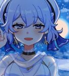  1girl blue_eyes blue_hair commentary_request earrings ishiki_nuru jewelry letty_whiterock looking_at_viewer lowres open_mouth outdoors polearm scarf see-through short_hair smile snowing solo touhou trident upper_body weapon white_headwear white_scarf 