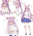  1girl 1other animal_ears atory black_footwear blue_skirt blush breast_poke breasts closed_mouth collared_shirt grabbing grabbing_another&#039;s_breast groin large_breasts long_hair navel pleated_skirt poking purple_hair rabbit_ears rabbit_girl red_eyes reisen_udongein_inaba shirt short_sleeves simple_background skirt solo_focus touhou white_background white_shirt 