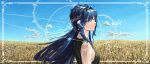  1girl absurdres animal_ears arknights astesia_(arknights) bird_ears blue_eyes blue_hair bright_pupils cloud from_side hair_ornament highres immeasurable long_hair looking_at_viewer outdoors portrait shirt sky solo star_(symbol) turning_head wheat wheat_field white_pupils white_shirt 
