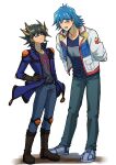  2boys absurdres arms_behind_back belt black_hair black_shirt blue_eyes blue_hair blue_jacket blue_pants blue_shirt boots brown_footwear brown_gloves bruno_(yu-gi-oh!) closed_eyes denim elbow_pads facial_mark facial_tattoo fudou_yuusei gloves hand_on_own_hip height_difference highres jacket jeans knee_pads leaning leaning_back leaning_forward looking_at_another male_focus marking_on_cheek multicolored_hair multiple_boys open_clothes open_jacket open_mouth pants shadow shirt shoes short_hair shoulder_pads simple_background sleeves_rolled_up smile sneakers spiked_hair standing streaked_hair t-shirt tattoo white_background white_footwear white_jacket youko-shima yu-gi-oh! yu-gi-oh!_5d&#039;s 