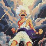  1boy clenched_hands cloud cloudy_sky gear_fifth lightning looking_at_viewer male_focus monkey_d._luffy muscular muscular_male one_piece open_mouth pewpiece purple_sash red_eyes sash scar scar_on_chest scar_on_face shirt short_hair shorts sky smile teeth tongue torn_clothes white_hair white_shirt white_shorts 