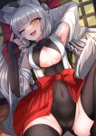 1girl absurdres animal_ear_fluff animal_ears asanagi_(azur_lane) azur_lane black_leotard black_thighhighs bow braid breasts covered_navel detached_sleeves fox_ears fox_girl fox_shadow_puppet grey_hair hair_bow highres leotard long_hair looking_at_viewer lying on_back one_eye_closed open_mouth red_bow siota1998 small_breasts smile solo thighhighs twin_braids twintails very_long_hair wide_sleeves yellow_eyes 