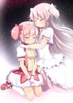  2girls abutomato bow bubble_skirt choker closed_eyes closed_mouth commentary_request dress frills hair_bow highres hug kaname_madoka kneehighs long_hair magical_girl mahou_shoujo_madoka_magica mahou_shoujo_madoka_magica_(anime) multiple_girls pink_choker pink_hair pink_thighhighs red_bow red_choker red_footwear seiza shoes short_hair short_twintails sitting skirt smile socks thighhighs twintails two_side_up ultimate_madoka white_bow white_dress white_socks yellow_eyes zettai_ryouiki 