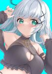  1girl aqua_eyes bare_shoulders blue_background blush breasts cleavage cleavage_cutout clothing_cutout commentary diamond_earrings earrings enatsu grey_hair hair_ornament halter_shirt halterneck highres indie_virtual_youtuber jewelry kohane_puchi large_breasts long_hair looking_at_viewer mole mole_under_eye see-through_cleavage skin_tight solo upper_body virtual_youtuber w_arms x_hair_ornament 