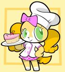  ambiguous_gender anthro bottomwear breasts cake canid canine canis chef chef_hat chef_uniform clothed clothing cookieann dessert disney domestic_dog duffy_and_friends food fur green_eyes hat headgear headwear holding_food holding_object long_ears mammal okojogairu plate skirt solo yellow_body yellow_fur 