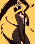  1girl animal_ears animal_ears_helmet black_bodysuit black_gloves bodysuit breasts cat_ears celty_sturluson collarbone commentary cowboy_shot durarara!! gloves helmet holding holding_scythe medium_breasts moshimoshibe open_bodysuit open_clothes scythe solo yellow_background 