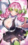  1girl belt belt_buckle blush breasts buckle cleavage closed_mouth commentary_request floating_hair gradient_hair green_eyes green_hair green_thighhighs hair_between_eyes haori highres holding holding_sword holding_weapon japanese_clothes kanroji_mitsuri kimetsu_no_yaiba large_breasts lips long_hair looking_at_viewer mole mole_under_eye multicolored_hair multiple_moles pink_hair ribbed_thighhighs shinishi_chiho signature smile solo sword thighhighs tri_braids two-tone_hair weapon whip_sword white_belt 