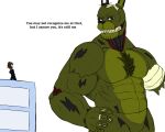  5:4 absurd_res animatronic anthro body_hair chest_hair duo english_text five_nights_at_freddy&#039;s freddy_fazbear&#039;s_pizzeria_simulator green_body hairy hi_res human humanoid lagomorph leporid machine male male/male mammal muscular muscular_male nastybluepal rabbit robot scottgames scraptrap_(fnaf) sharp_teeth simple_background size_difference springtrap_sanctuary teeth text 