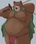  2023 anthro asian_clothing bear belly big_belly cape clothing east_asian_clothing fundoshi hi_res japanese_clothing kemono male mammal melee_weapon moobs navel nipples overweight overweight_male red_clothing red_fundoshi red_underwear scar solo sword syakekuro underwear weapon 