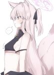  ... 1girl animal_ear_fluff animal_ears arrow_(symbol) black_ribbon blue_archive blush crop_top flat_chest fox_ears fox_girl fox_tail from_side grey_eyes hair_ribbon halo highres kuzunoha_(blue_archive) long_hair midriff navel parted_lips pink_hair pink_tail prst_pictuer ribbon simple_background sleeveless solo spoken_ellipsis strap_slip sweat tail upper_body white_background 