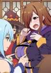  1boy 3girls absurdres ahoge aqua_(konosuba) blue_eyes blue_hair blush breast_poke breasts brown_eyes brown_hair commentary_request flying_sweatdrops half-closed_eyes hat highres kono_subarashii_sekai_ni_shukufuku_wo! large_breasts megumin morimoto_kiyona multiple_girls open_mouth poking red_eyes satou_kazuma smile sweatdrop wavy_mouth witch_hat wiz_(konosuba) yuri 