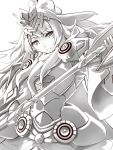  1girl armor armored_dress axe clear_glass_(mildmild1311) crown family_crest fire_emblem fire_emblem_heroes fjorm_(fire_emblem) fjorm_(ice_ascendant)_(fire_emblem) hair_over_shoulder highres holding holding_axe long_hair looking_down monochrome official_alternate_costume smile solo white_background 