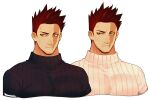  1boy alternate_costume bara beard beard_stubble black_sweater boku_no_hero_academia cropped_torso endeavor_(boku_no_hero_academia) facial_hair highres kamonohashiba large_pectorals long_sideburns looking_to_the_side male_focus mature_male muscular muscular_male mustache_stubble official_alternate_costume pectorals scar scar_across_eye short_hair sideburns spiked_hair sweater white_background white_sweater 