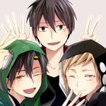  3boys :d black_eyes black_hair black_hoodie black_shirt casual circle closed_mouth collarbone collared_jacket commentary_request fingernails green_jumpsuit grey_background hand_to_own_mouth hands_up hood hood_up hooded_jumpsuit hoodie jacket jumpsuit kagerou_project kano_shuuya kisaragi_shintarou light_brown_hair looking_at_viewer male_focus mekakucity_actors multiple_boys open_clothes open_jacket open_mouth outline print_hoodie red_jacket seto_kousuke shirt simple_background smile sweat track_jacket two-sided_hoodie two-tone_hoodie upper_body usm_(kk316) v white_hoodie white_outline yellow_eyes 