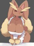  2022 4_fingers anthro apron apron_only big_breasts big_ears black_background black_pupils black_sclera breasts brown_body brown_fur chest_tuft cleavage clothed clothing digital_media_(artwork) eyebrows eyelashes female fingers front_view fur generation_4_pokemon hi_res huge_breasts looking_at_viewer lopunny mostly_nude motion_lines multicolored_body multicolored_fur nintendo nipple_outline open_mouth open_smile pink_nose pokemon pokemon_(species) pokemorph pupils red_eyes scut_tail short_tail simple_background smile solo tail tan_body tan_eyebrows tan_fur tongue tuft white_apron wide_hips wozzu1 