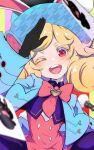  1girl absurdres animal_ears black_gloves blonde_hair blush_stickers bow bowtie buttons finii_(omega_strikers) gloves hat heart_button highres looking_at_viewer magician omega_strikers one_eye_closed open_mouth pokechun29 rabbit_ears red_eyes solo top_hat 