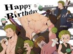  1boy abs aged_down alcohol bandana beer black_bandana chibi chibi_inset chimaaa333 collage food foreshortening green_hair happy_birthday highres large_pectorals male_focus marimo marimo_zoro muscular muscular_male nipples official_alternate_costume one_piece onigiri over_shoulder pectoral_cleavage pectorals roronoa_zoro scar scar_across_eye sheath short_hair sword sword_over_shoulder topless_male unsheathing weapon weapon_over_shoulder 