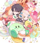  1boy 1girl black-framed_eyewear black_hair blue_bow blue_flower bow box braid cake cake_slice confetti cookie cream cup flower food fork gift gift_box glasses hair_bow hair_flower hair_ornament headphones headphones_around_neck highres iv_4t kirby kirby&#039;s_dream_buffet kirby_(series) kuroi_shiba light_brown_hair long_hair machita_chima neckerchief nijisanji pancake pretzel red_eyes shiba_inu spoon star_(symbol) strawberry_shortcake swiss_roll teacup virtual_youtuber waddle_dee yellow_eyes yellow_neckerchief yumeoi_kakeru 