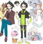  1girl 3boys ahoge bede_(pokemon) black_hair black_socks blonde_hair brown_footwear brown_jacket cheren_(pokemon) chibi chibi_inset closed_mouth collared_shirt commentary_request crossed_legs curly_hair eneko_(olavcnkrpucl16a) flower_(symbol) galarian_ponyta glasses green_pants hair_bobbles hair_ornament hand_on_own_hip hand_up hattrem highres holding igglybuff jacket jasmine_(pokemon) long_hair lopunny lucas_(pokemon) multiple_boys multiple_views munna necktie open_clothes open_jacket pants pawmi pokemon pokemon_(creature) pokemon_(game) pokemon_bdsp pokemon_bw pokemon_hgss pokemon_swsh shirt shoes short_hair sketch socks standing steelix two_side_up vest white_background white_shirt 