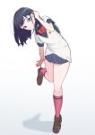  1girl absurdres ass black_hair black_shirt black_skirt blue_eyes blush bow bowtie breasts cardigan full_body gridman_universe gridman_universe_(film) highres long_hair long_sleeves looking_at_viewer open_mouth pleated_skirt red_bow red_socks school_uniform scrunchie shirt shoes simple_background skirt socks solo standing takarada_rikka tappy_okamura thighs wrist_scrunchie 