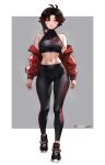  1girl absurdres ahoge ass_visible_through_thighs bluefield breasts commentary english_commentary full_body grey_eyes highres jacket looking_at_viewer medium_breasts midriff navel ruby_rose rwby short_hair solo standing 