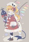 1girl black_pantyhose blonde_hair boots brown_footwear brown_mittens closed_mouth coat crystal flandre_scarlet full_body fur-trimmed_sleeves fur_trim grey_background hair_between_eyes hat highres laevatein_(touhou) long_hair long_sleeves mittens nikorashi-ka one_side_up pantyhose pom_pom_(clothes) red_coat red_eyes scarf simple_background solo touhou white_headwear white_scarf wings 