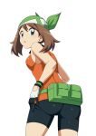  1girl ass bandana bike_shorts black_shorts blue_eyes breasts brown_hair fanny_pack from_behind gloves green_bandana highres may_(pokemon) orange_shirt pokemon shirt shorts simple_background sleeveless sleeveless_shirt small_breasts solo suitenan tank_top white_background 