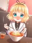  1girl aqua_eyes black_hairband blonde_hair blunt_bangs blush bowl chopsticks commentary cup drinking_glass food gochuumon_wa_usagi_desu_ka? hairband holding holding_chopsticks holding_spoon indoors jacket kirima_syaro long_sleeves looking_at_viewer medium_hair mozukun43 necktie nose_blush open_mouth plaid_necktie school_uniform solo spicy spoon steam tears tedeza_rize&#039;s_school_uniform translated twitter_username wavy_hair wavy_mouth white_jacket 