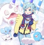  1boy :d aqua_eyes blue_mittens blush cetoddle commentary_request cubchoo cup day eyelashes green_hair grusha_(pokemon) happy holding holding_cup ichigomilk1515 jacket long_sleeves male_focus mug on_shoulder open_mouth outdoors pants pokemon pokemon_(creature) pokemon_(game) pokemon_on_shoulder pokemon_sv smile snom snowing standing steam swablu tongue yellow_jacket 