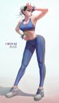  1girl abs bandaid bandaid_on_face blue_eyes breasts brown_hair chun-li cleavage double_bun hair_bun hand_on_own_hip highres lump_n_brush midriff nike pants shoes sneakers solo sports_bra sportswear street_fighter sweat tight_clothes tight_pants wiping_sweat yoga_pants 