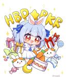  0725akaba 1girl :d absurdres animal_ears balloon blue_footwear blue_hair blue_ribbon blush box cake candy candy_wrapper carrot chibi collared_shirt commentary_request controller crescent food fruit game_controller gift gift_box hair_ribbon happy_birthday highres hololive lollipop nousagi_(usada_pekora) official_alternate_costume open_mouth pleated_skirt puffy_short_sleeves puffy_sleeves rabbit_ears red_eyes ribbon shirt shoes short_eyebrows short_sleeves simple_background skirt smile sparkle strawberry swirl_lollipop thick_eyebrows twitter_username two_side_up usada_pekora usada_pekora_(4th_costume) virtual_youtuber white_background white_shirt white_skirt 