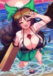  1girl ahoge arm_cannon bikini black_bikini bow breasts brown_hair cleavage collarbone crab fub_(fubimanji) green_bow green_skirt hair_bow highres horizon large_breasts long_hair open_mouth plaid plaid_skirt reiuji_utsuho short_sleeves skirt sunset swimsuit teeth third_eye third_eye_on_chest touhou upper_teeth_only v wading weapon 