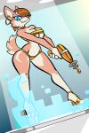  2023 anthro aygee bikini bikini_bottom bikini_top blue_eyes breasts brown_body brown_fur canid canine canis clothing digital_media_(artwork) domestic_dog ear_piercing ear_ring female fur gold_bikini gold_high_heels gun hi_res holding_gun holding_object holding_weapon looking_at_viewer looking_down looking_down_at_viewer low-angle_view mammal piercing ranged_weapon ring_piercing science_fiction smile solo standing swimwear weapon 