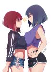  2girls alternate_breast_size arima_kana asymmetrical_docking black_shorts blue_eyes blue_hair brand_name_imitation breast_press breasts clenched_hand closed_mouth crop_top cropped_sweater cutoffs denim denim_shorts face-to-face feca from_side glaring hand_on_own_hip highres kurokawa_akane large_breasts lightning_glare looking_at_another medium_breasts multiple_girls oshi_no_ko red_eyes red_hair short_hair short_shorts shorts side-tie_shorts 