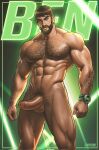  1boy abs alternate_body_hair arm_hair bara beard ben_10 ben_10000 ben_tennyson character_name chest_hair cody_ford completely_nude erection facial_hair feet_out_of_frame foreskin from_below frown green_background green_eyes hairy highres large_pectorals looking_at_viewer male_focus male_pubic_hair mature_male muscular muscular_male navel navel_hair nipples nude pectorals pubic_hair short_hair solo standing stomach thick_eyebrows thick_mustache thick_thighs thighs veins veiny_arms veiny_crotch watch wristwatch 