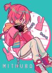  1boy blue_background camera cardigan closed_mouth fingernails hair_over_one_eye highres holding holding_camera hooded_cardigan jibaku_shounen_hanako-kun male_focus menma_(enaic31) mitsuba_sousuke otoko_no_ko pants pink_cardigan red_eyes red_footwear red_hair shirt shoes short_ponytail sleeves_past_fingers sleeves_past_wrists smile sneakers solo twitter_username white_pants white_shirt wrapped_candy 