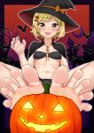  1girl ashigaki_reina_(hinosaki) barefoot bat_(animal) bikini black_bikini black_border black_cape black_headwear black_nails blonde_hair blush border bow breasts brown_eyes cape collarbone dorsiflexion earrings fang feet foot_focus foreshortening gradient_background hair_ornament halloween hand_up hat hat_bow highres hinosaki jack-o&#039;-lantern jewelry looking_at_viewer nail_polish navel o-ring o-ring_bikini on_ground open_mouth orange_background orange_bow original outdoors parted_bangs purple_background short_hair sitting small_breasts solo spread_toes stomach stud_earrings swimsuit teeth toenails toes underboob upper_teeth_only witch_hat 