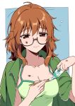  1girl ahoge araki_hina blush breasts brown_eyes brown_hair camisole cleavage closed_mouth collarbone dirty glasses green_camisole green_jacket grid_background hands_up holding holding_pen idolmaster idolmaster_cinderella_girls idolmaster_cinderella_girls_starlight_stage jacket jacket_on_shoulders looking_at_another medium_breasts messy_hair mitsuki_meia pen short_hair simple_background sleepy solo toothpaste track_jacket two-tone_background upper_body 