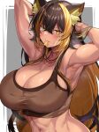  1girl animal_ears armpits arms_behind_head arms_up bare_arms bare_shoulders biro-budou black_hair blonde_hair blush border breasts brown_sports_bra cat_ears cat_girl cat_tail cleavage colored_inner_hair crossed_bangs dark-skinned_female dark_skin fang grey_background hair_between_eyes highres indie_virtual_youtuber large_breasts lightning_bolt_necklace long_hair looking_at_viewer mouth_hold multicolored_hair navel nekoyo_chloe parted_lips solo sports_bra steaming_body streaked_hair sweat tail toned two-tone_hair upper_body virtual_youtuber white_border yellow_eyes 