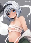  1girl bare_shoulders black_hairband blue_eyes blush breasts ghost green_skirt hairband konpaku_youmu konpaku_youmu_(ghost) midori_(misuriru8) navel open_clothes short_hair simple_background skirt small_breasts solo touhou white_hair 