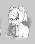  1boy 1girl animal_ears arknights bear_ears breasts cleavage collarbone completely_nude erection fangs fellatio glansjob gummy_(arknights) highres licking licking_penis long_tongue looking_down motion_lines noneka nude oral partially_colored penis red_eyes saliva saliva_on_penis saliva_trail shaded_face short_hair smile spot_color tongue very_long_tongue water_drop 