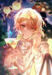  1boy alcohol androgynous blonde_hair cocktail_glass cup drinking_glass green_eyes holding holding_cup jewelry lantern long_sleeves looking_at_viewer mahoutsukai_no_yakusoku male_focus margarita por_(_por_tt) ring rutile_flores shirt smile solo teeth white_shirt 