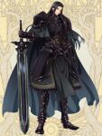  1boy armor black_armor black_cape black_footwear black_gloves black_hair boots cape dairoku_ryouhei full_body gauntlets gloves gradient_cape grey_cape long_hair looking_at_viewer male_focus sachi_tuna shoulder_armor solo standing sword vester_abend weapon yellow_background 